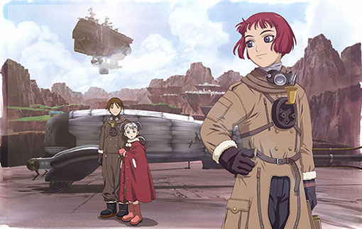 De personages van Last Exile staan voor hun geliefde vervoersmiddel: het vliegtuig.