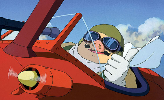 Porco Rosso steekt zijn duim op in een klein, rood vliegtuig.