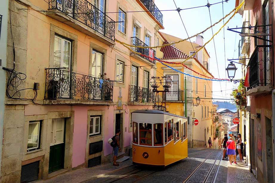 tramlijn 28 door nauwe straatjes met gekleurde huizen in lissabon