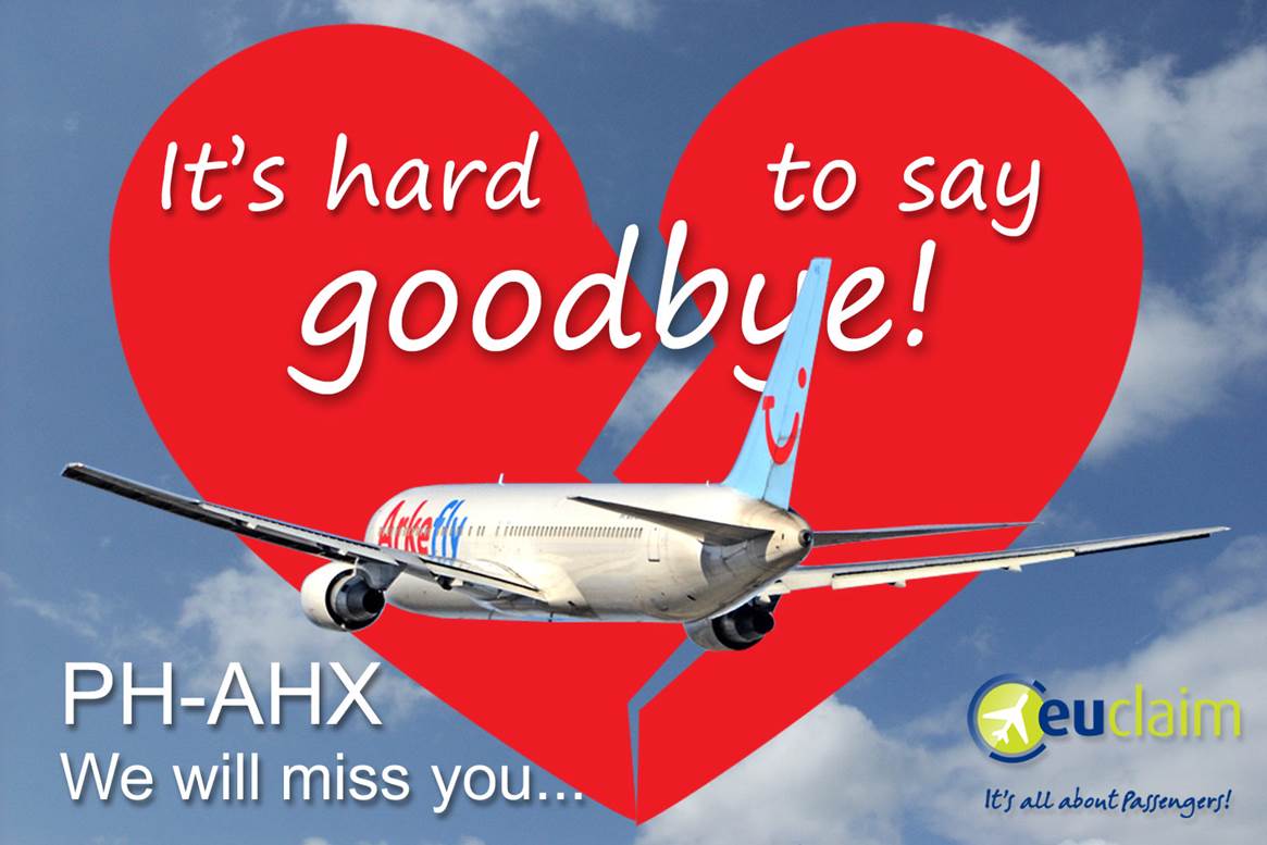Een gebrokenhart met een vliegtuig in het midden waar staat: it's hard to say goodbye! PH-AHXX we will miss you