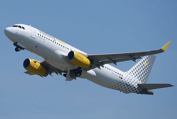 De zijkant van een vueling vliegtuig in de lucht