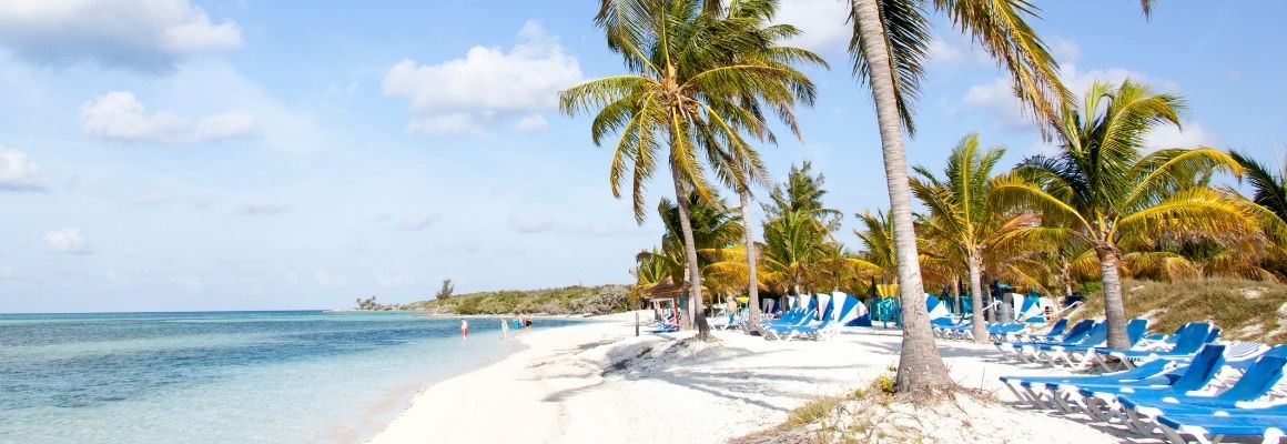 strand met water zand palmbomen en strandstoelen op curacao