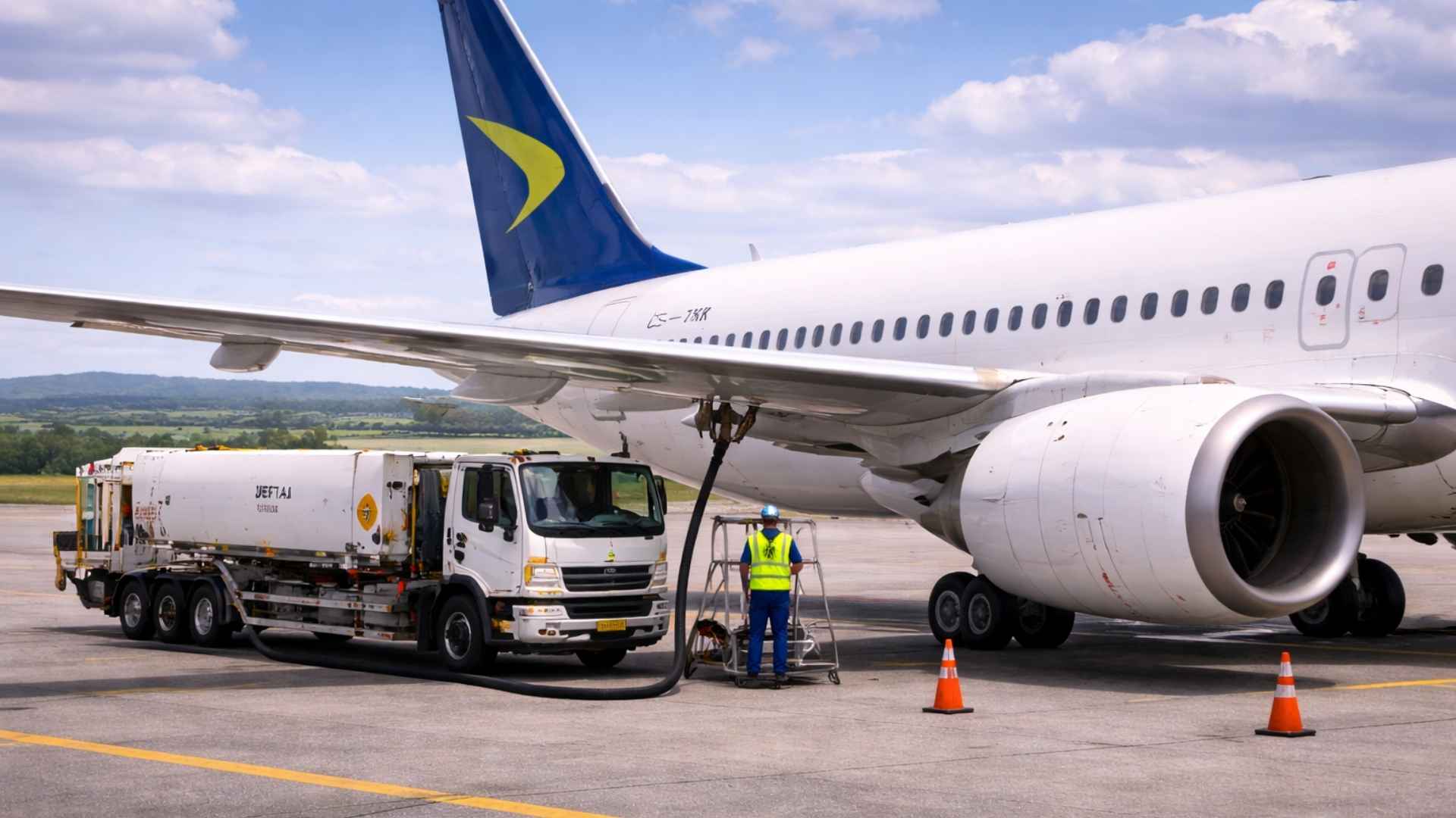 Vliegtuig is aan het tanken voordat die gaat vliegen