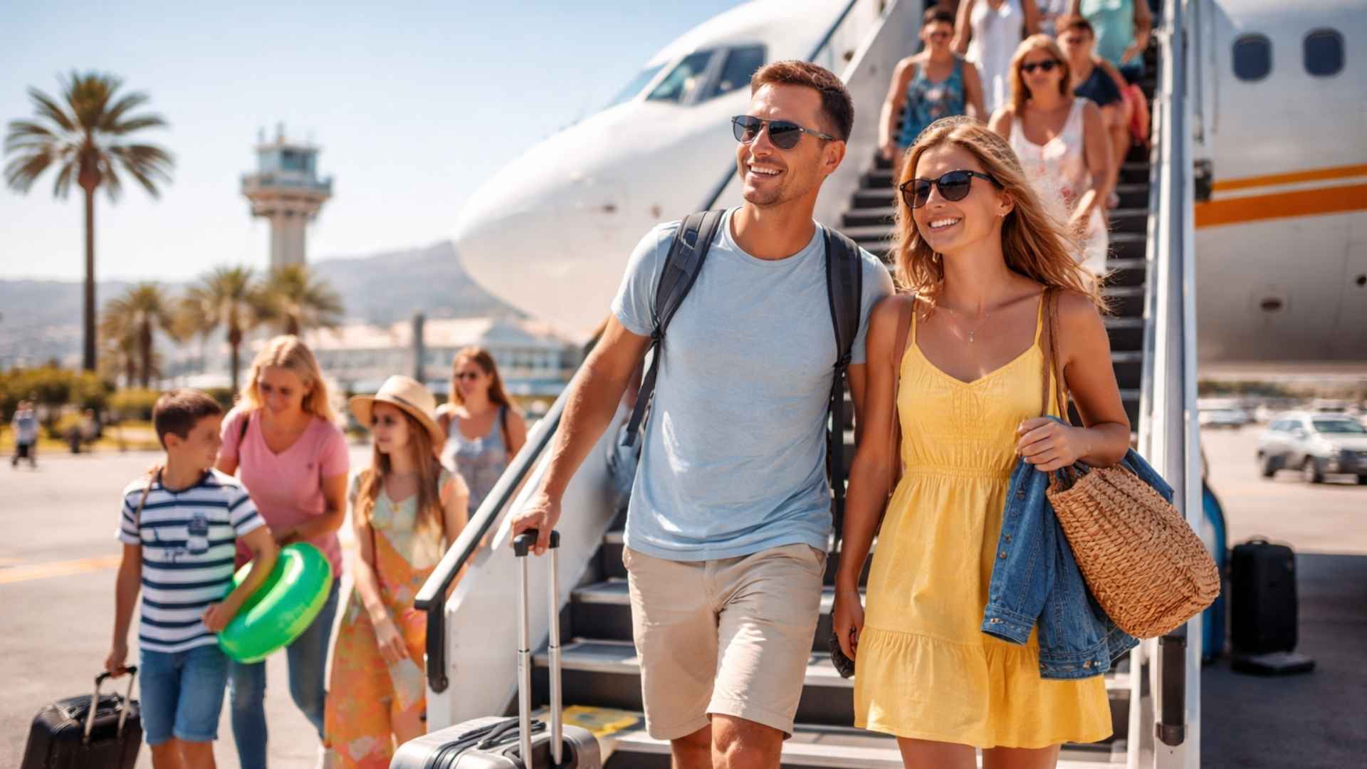 Nederlanders arriveren met het vliegtuig in Spanje voor de meivakantie