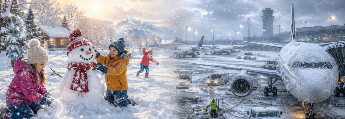 Kinderen spelen in de sneeuw en vliegtuigen zijn ingesneeuwd
