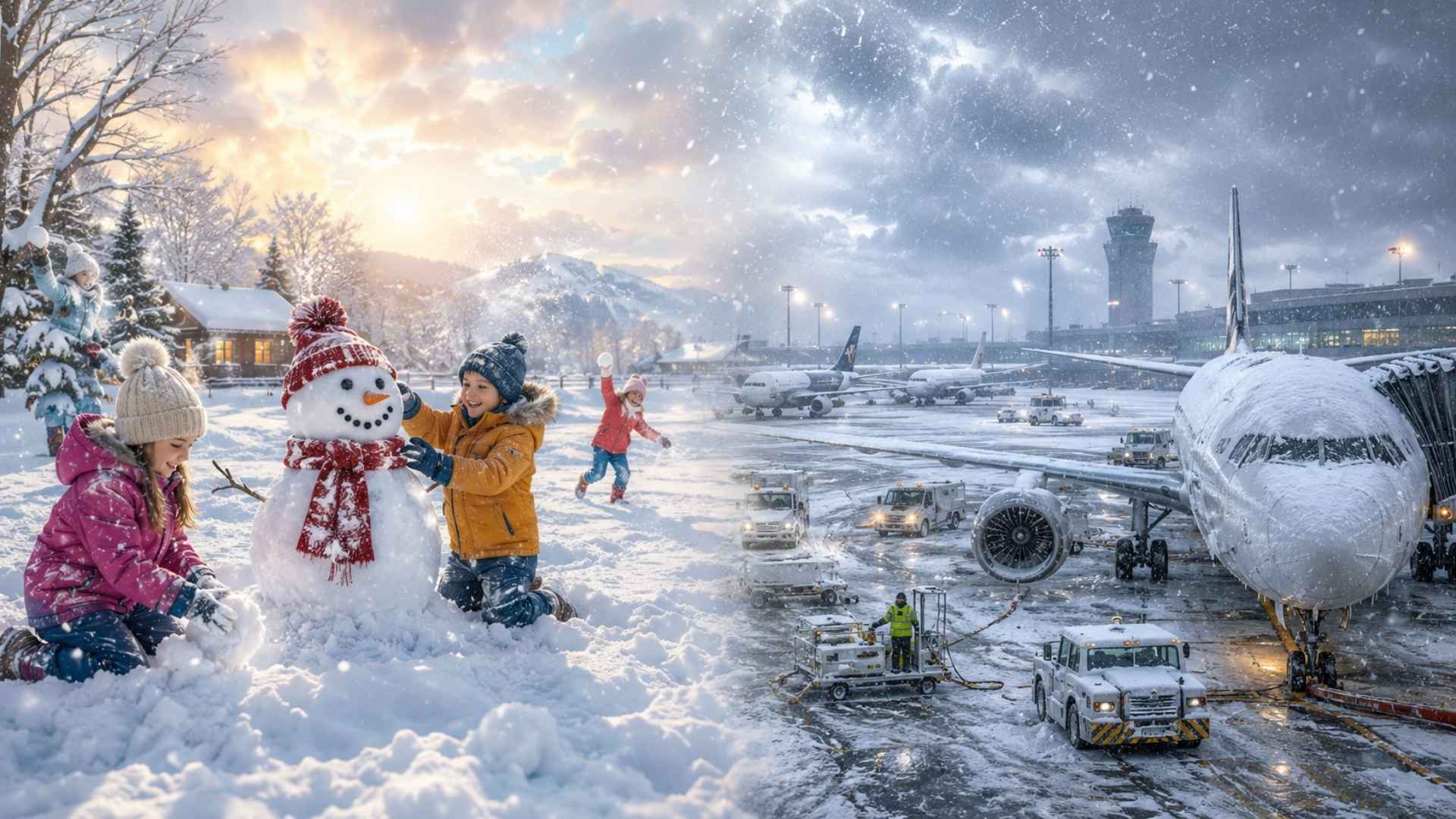 Kindern maken sneeuwpoppen en vliegtuigen kunnen niet vliegen door de sneeuw